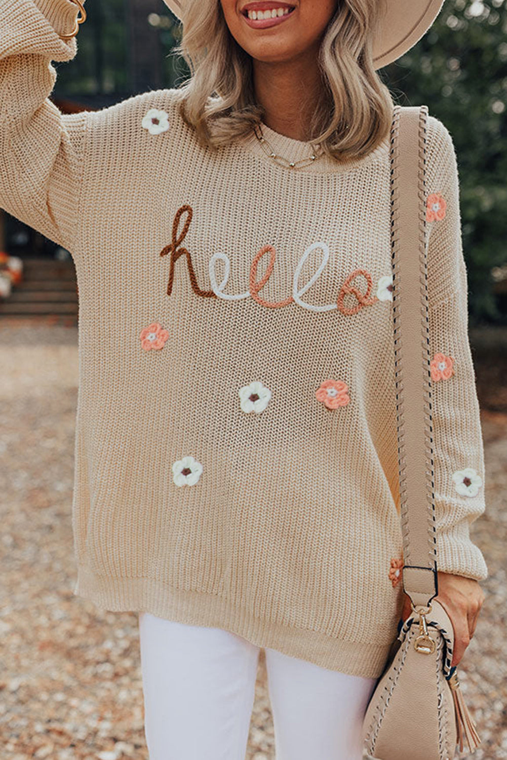 Pergament hello floral bestickter strickpullover