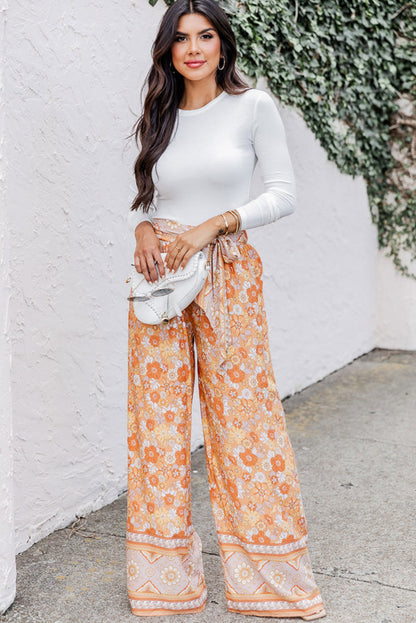 Grapefruit orange krawatte taille boho floral wide leg hose