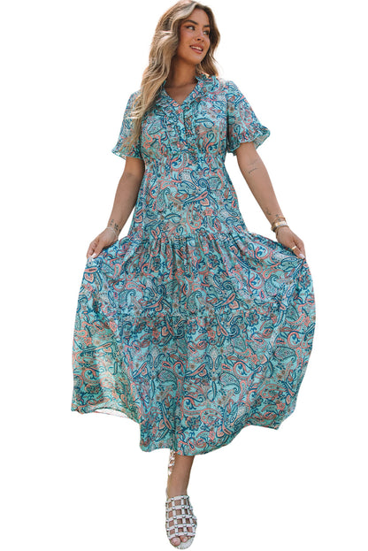 Himmelblaues paisley print boho holiday ruffle tiered maxi dress