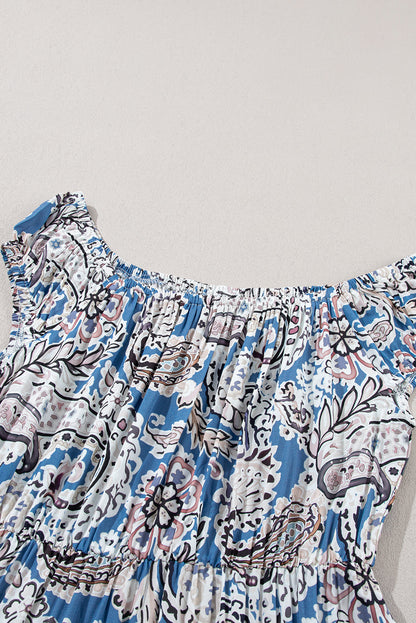 Blue Boho Paisley Print Schouder -Vrije maxi -jurk