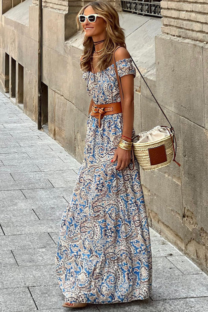 Blue Boho Paisley Print Schouder -Vrije maxi -jurk