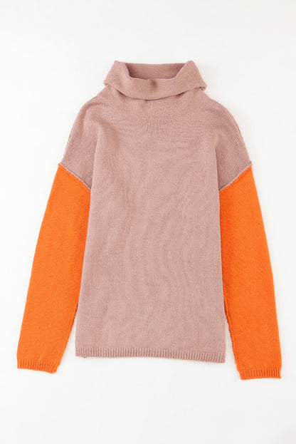 Khaki farbe block schildkröte hals drop shoulder strickpullover