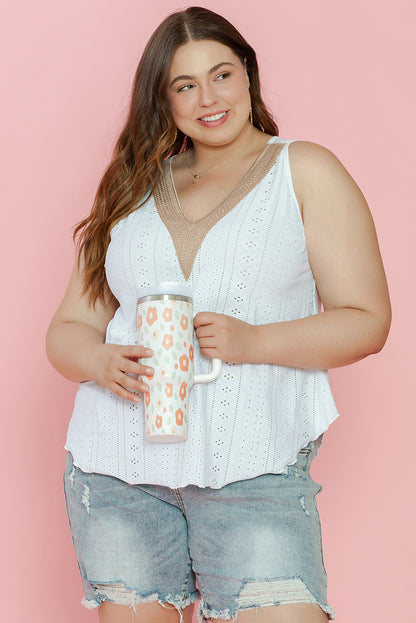 Weißes plus size guipure v hals öse spitze tank top