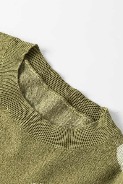 Spinat Green Sweater met grote bloem- en ribbreienpatroon