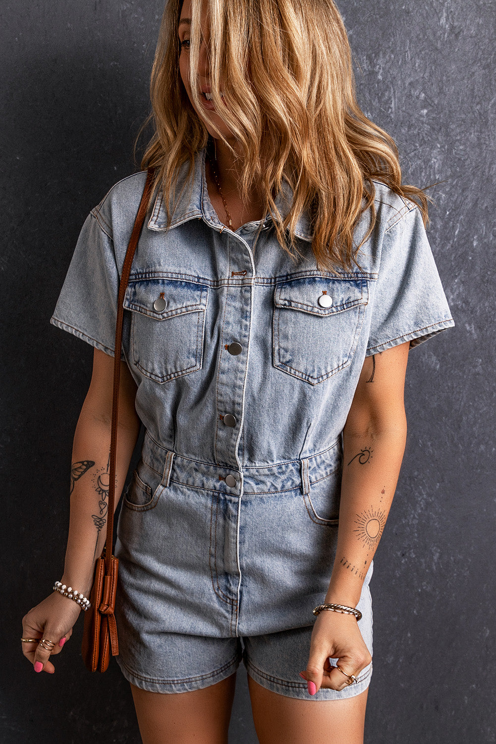 Hellblauer vintage gewassen knoppen Pocket Denim Romper