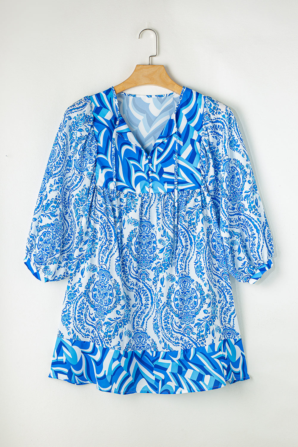 Himmelblau Boheemse print Puff Sleeve Tied V Neck uitlopende mini -jurk