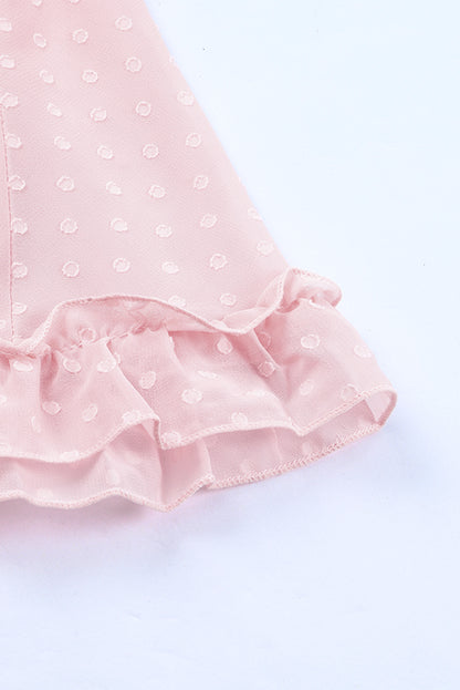 Rosa layered ruffled open back puff sleeve swiss dot minikleid