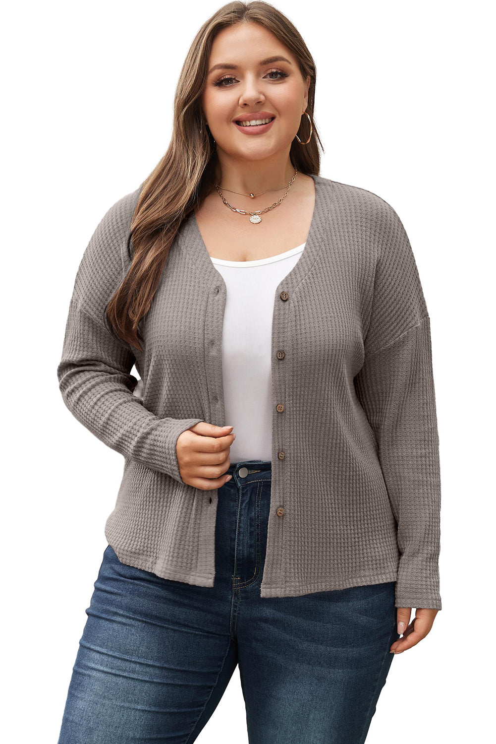 Simply taupe waffle knit drop shoulder knopf v-ausschnitt plus größe top