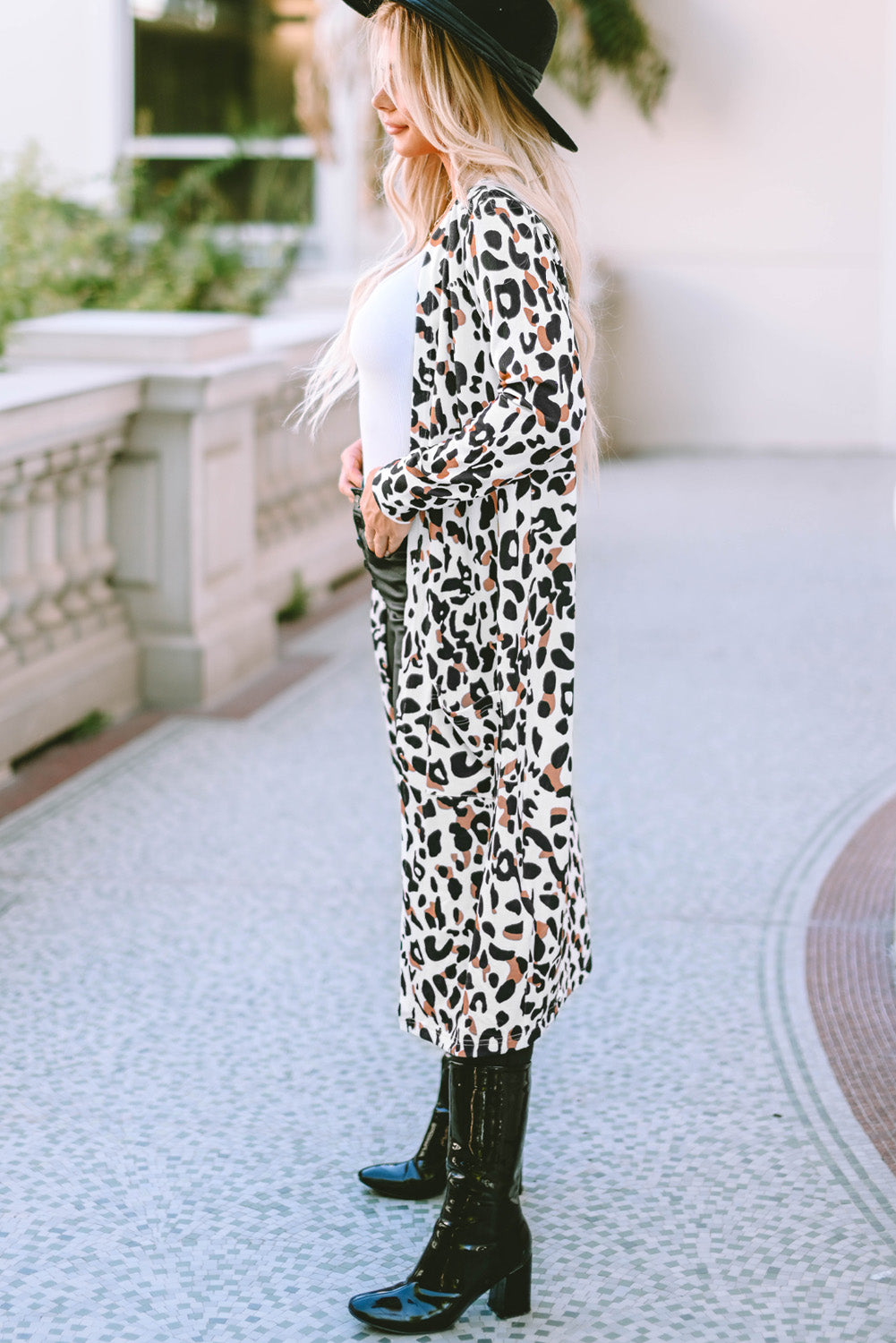 Leopard pocketed open front duster cardigan