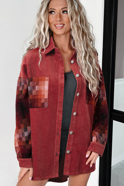 Gold flame checker patchwork raw edge oversized cord jacke