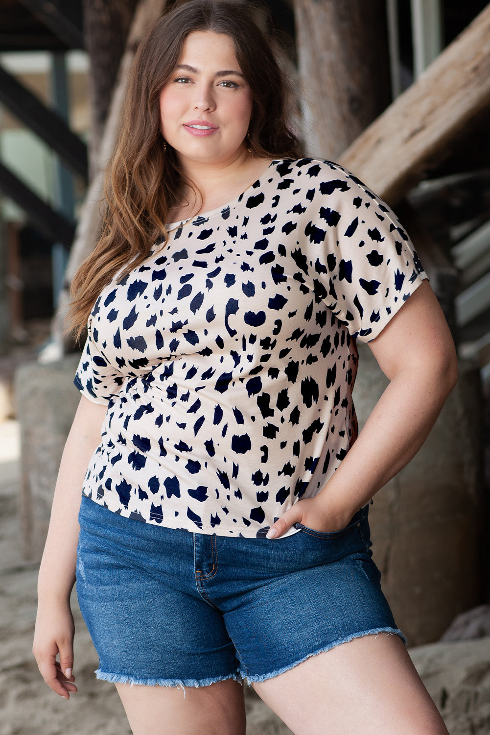 Khaki leopard print twist open back plus size top