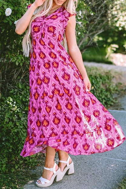 Bonbon retro-print mit verdrehter front und gerafften ärmeln maxikleid