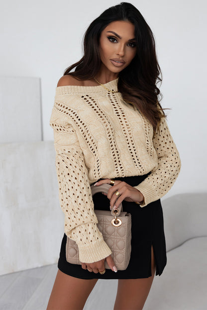 Khaki Eyelet Cable Knit Sweater met schouders