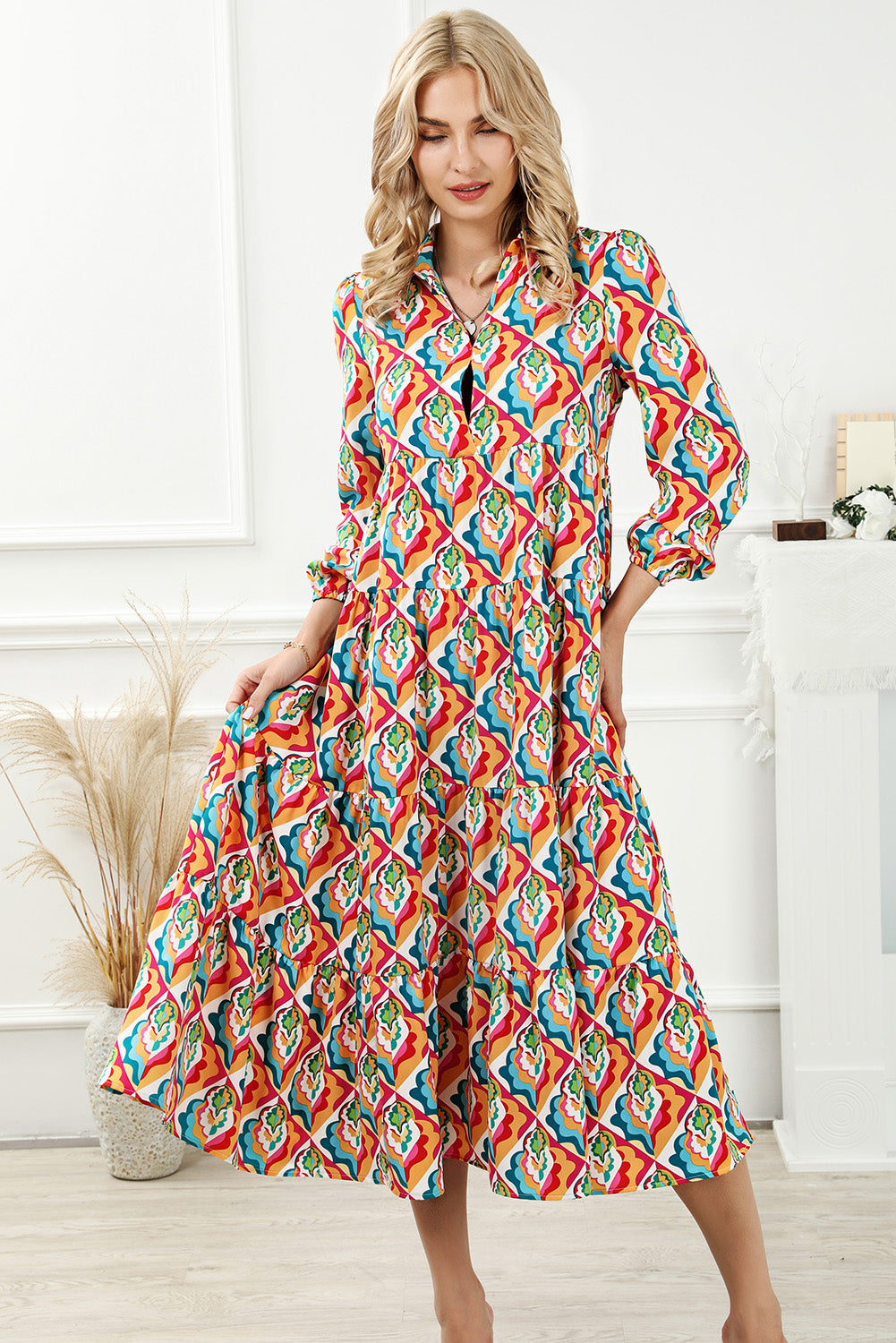 Multicolor abstrakt geometrisch print langärmeliges kleid mit hoher taille