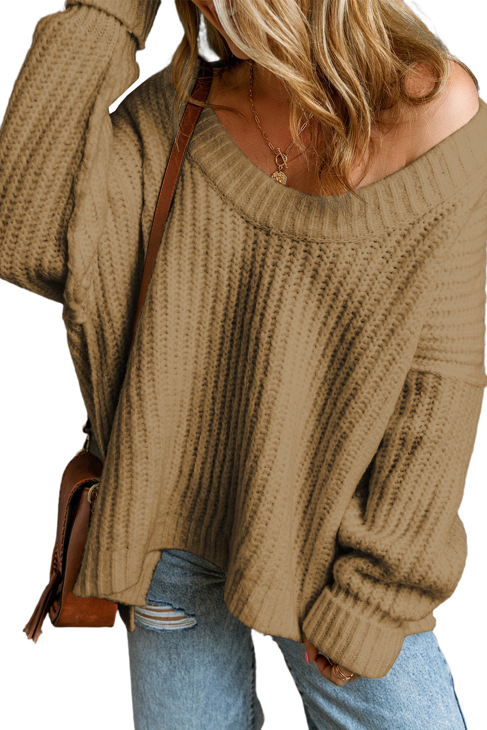 Khaki rippenstrick rundhalsausschnitt slouchy chunky pullover