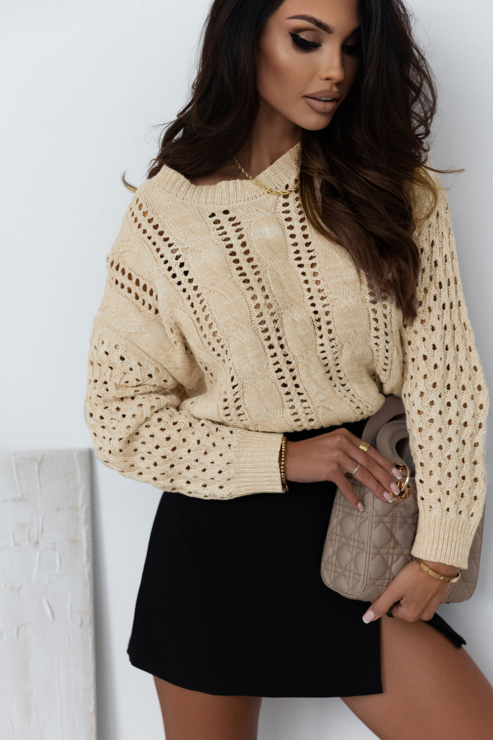 Khaki Eyelet Cable Knit Sweater met schouders