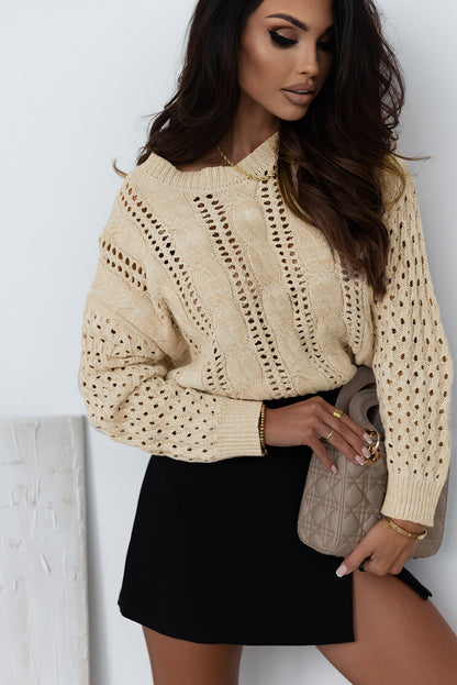 Khaki Eyelet Cable Knit Sweater met schouders