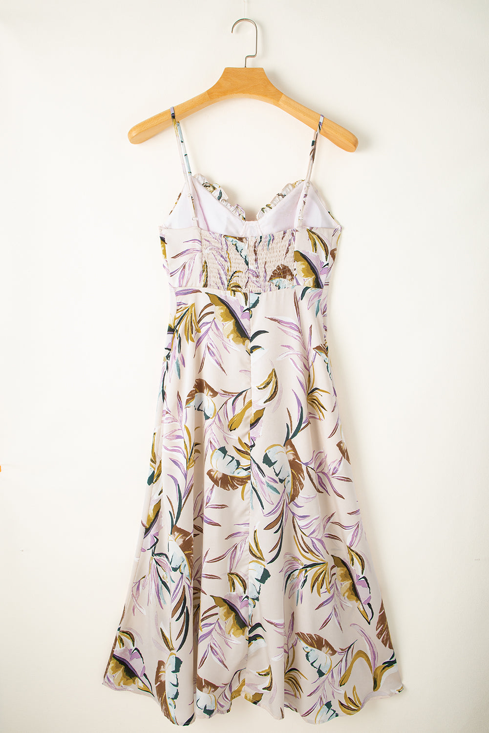 Apricot tropical print spaghetti-träger kleid mit schalen