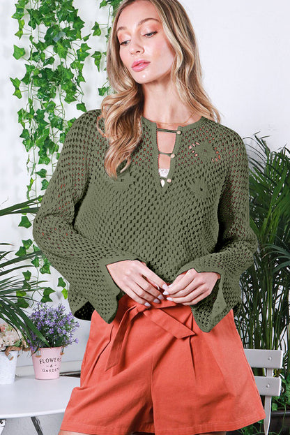 Vineyard Green Open touw met een knoophals trui met verdeelde mouwen