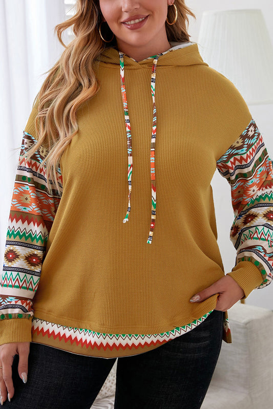 Camel aztec patchwork ärmel waffel kordelzug plus kapuzenpulli