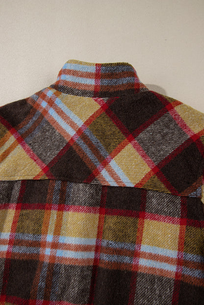 Brown plaid print brusttaschen knopf reißverschluss stehkragen jacke