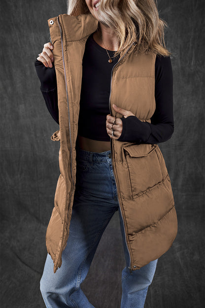 Coffee windproof longline full zipper puffer vest mit taschen