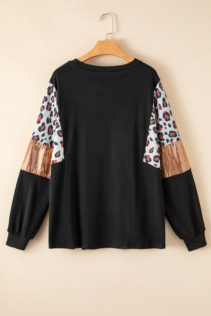 Schwarzer leopard paillettenaufnäher plus size langarm top