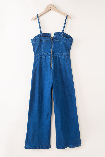 Blauwe spaghetti -band Notch v denim jumpsuit