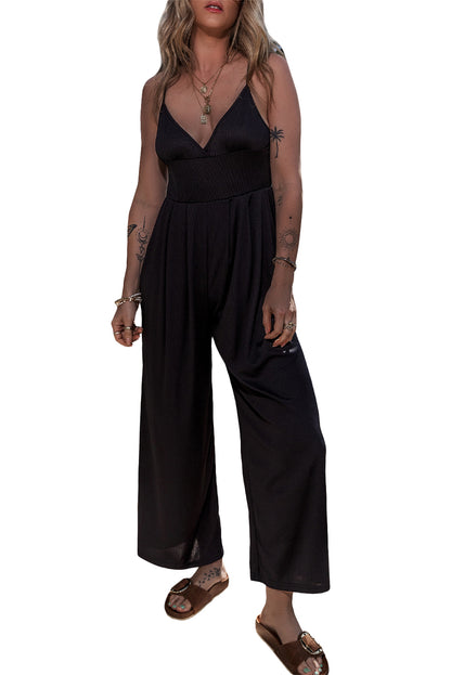 Zwart breedbeen met een hoge taille sexy v-neck cami jumpsuit