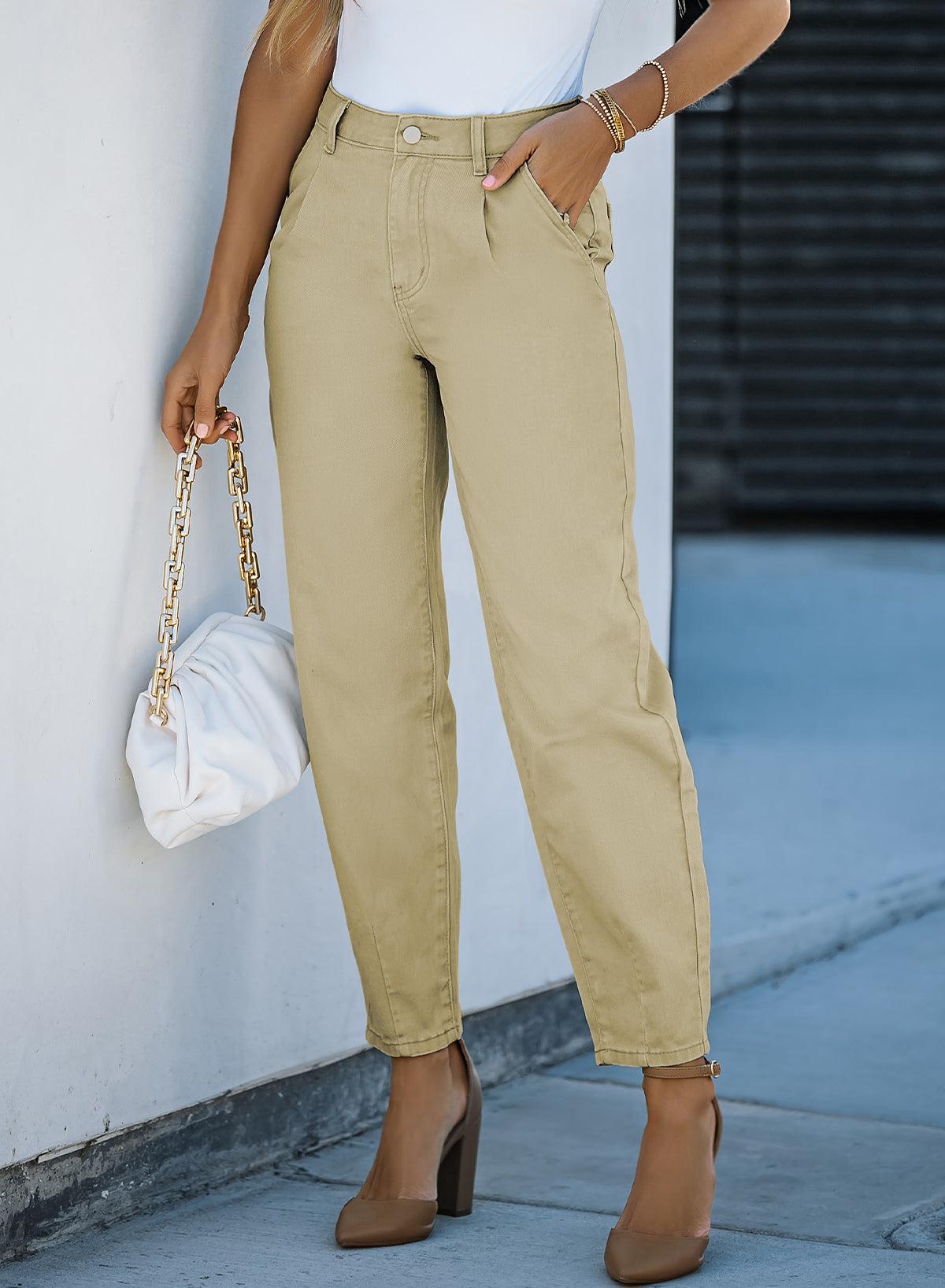 Khaki solid hohe taille freizeithose