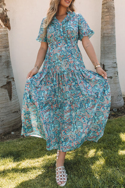 Himmelblaues paisley print boho holiday ruffle tiered maxi dress