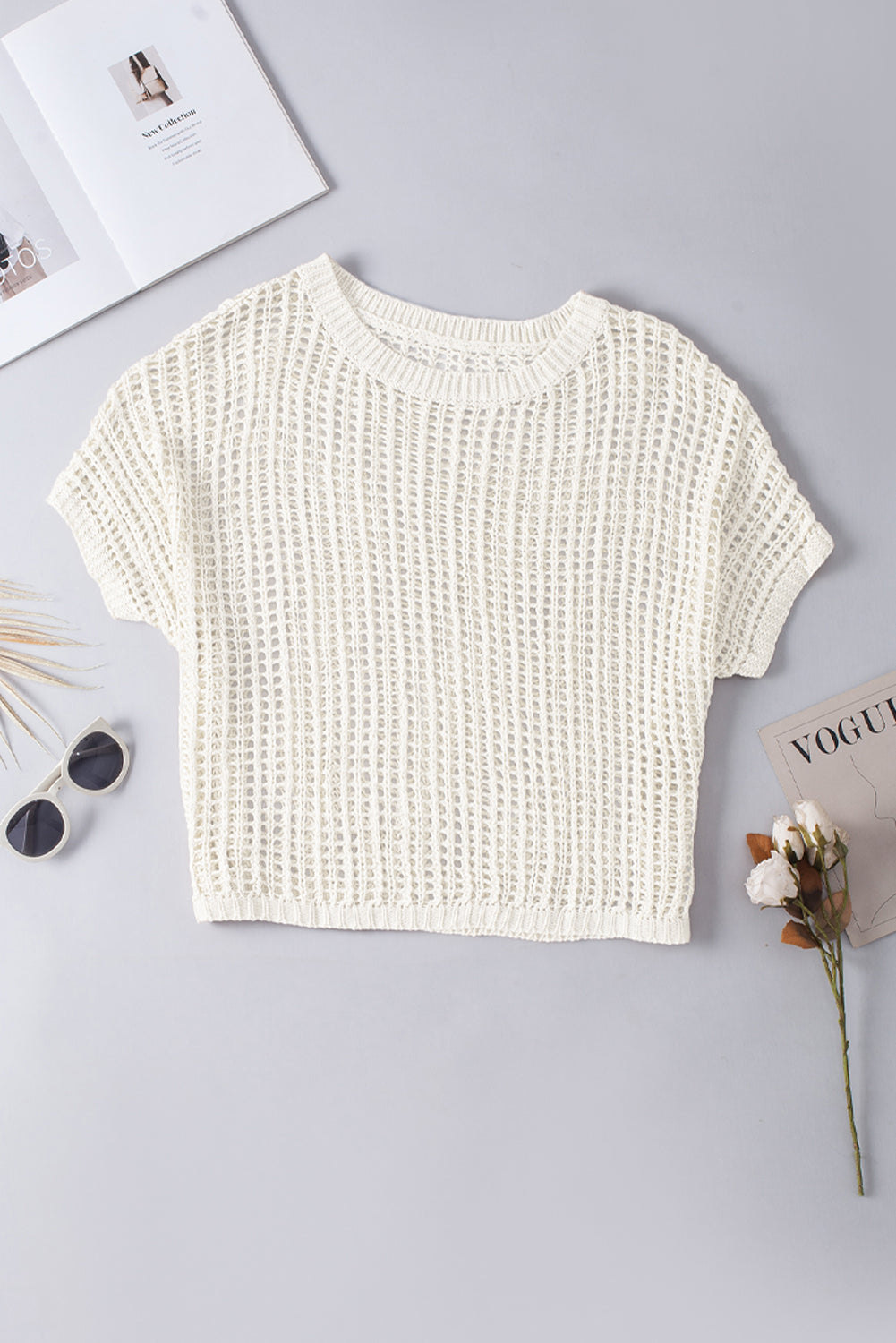 Whit fishnet knit ribbed runde hals kurzarm pullover tee