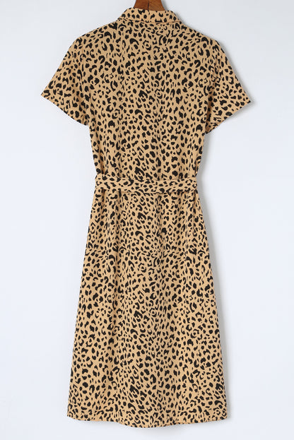 Khaki leopard umlegekragen midikleid mit schlitz