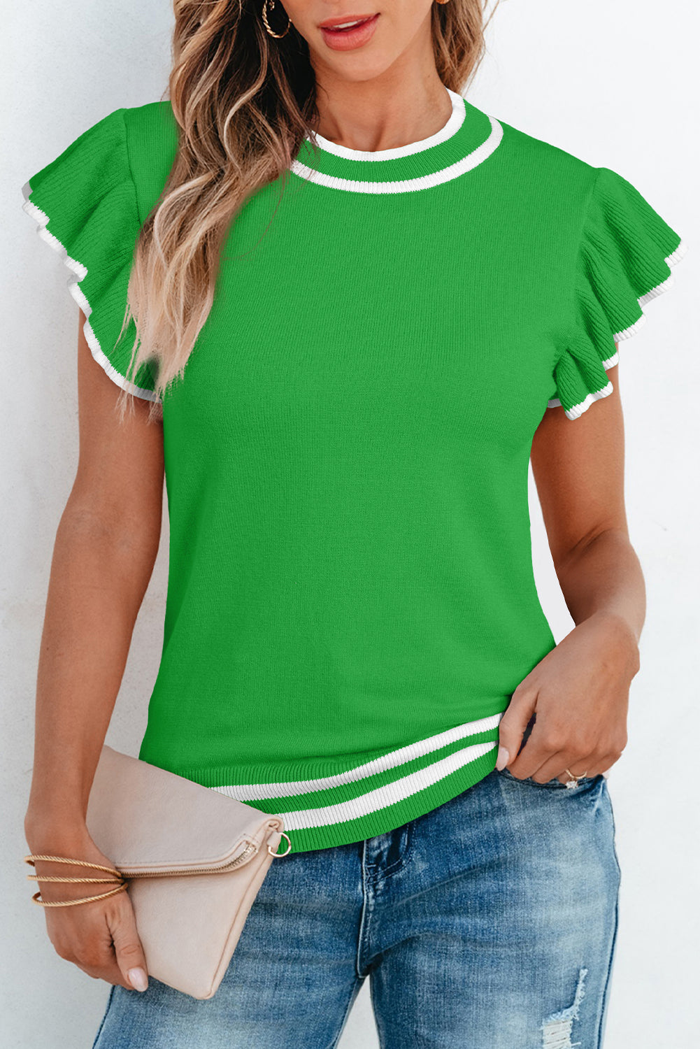 Bright Green Border Piping verzamelde mouwen Circulaire halslijn gebreide T -shirt