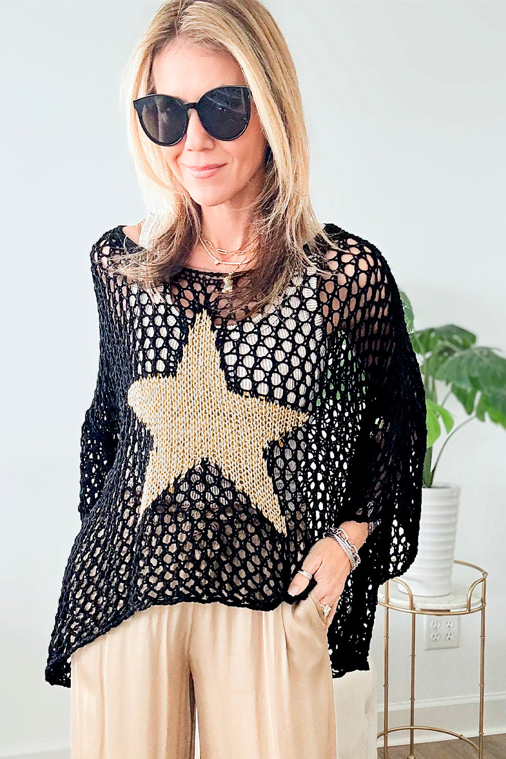 Black Star Graphic Crochet Gebreide zomertrui top