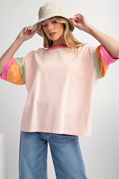 Roze kleurblok naad mouwen ronde hals halslijn oversized top