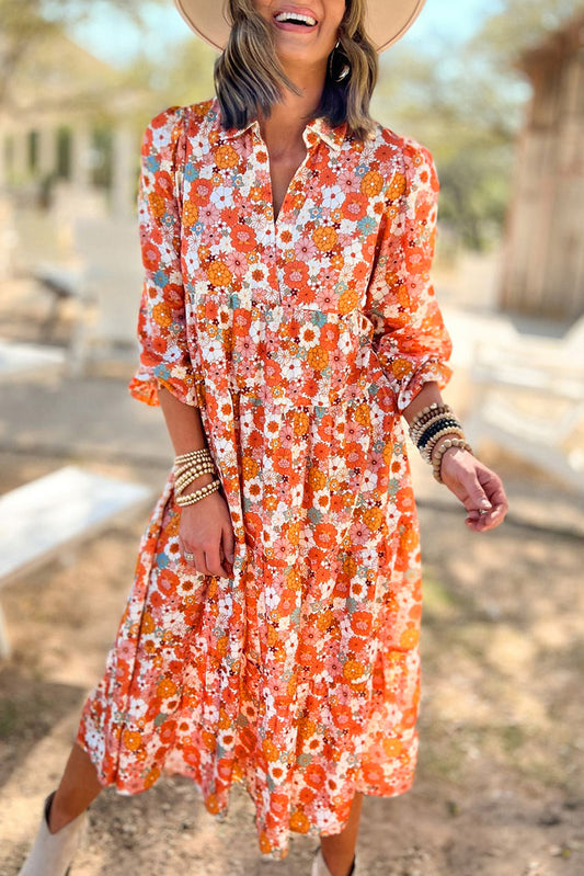 Multicolor Boho Floral Collared Long -Sleeveved, Roted Dress