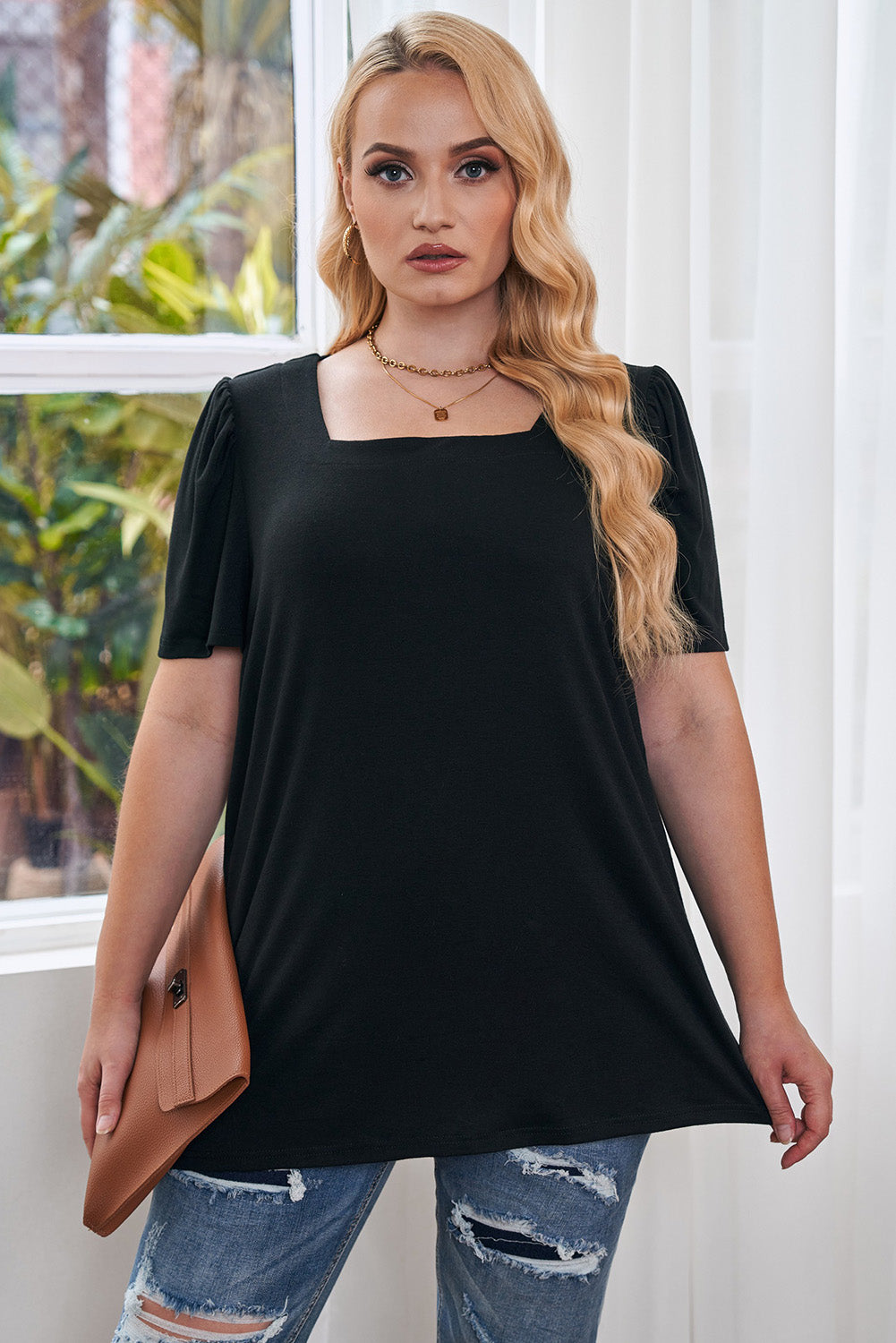 Schwarzes plus size quadratischer hals geraffte schulter kurzarm top