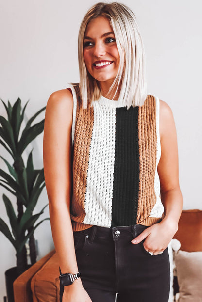 Khaki stripe color block ärmelloser strickpullover vest