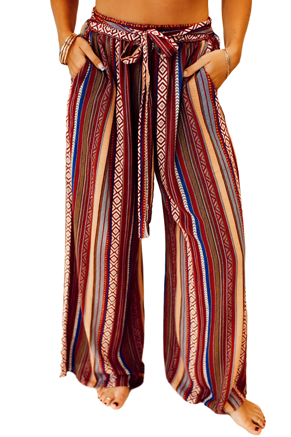 Rote boho ethnostreifen print krawatte taille weites bein hose