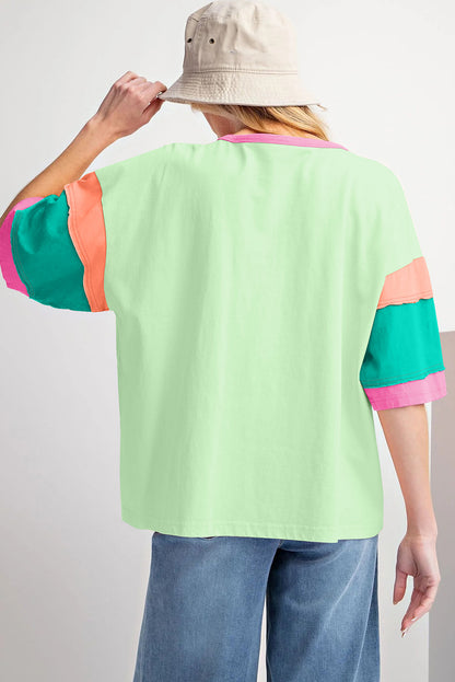 Groene kleurblok stikbare mouwen cirkelvormige halslijn oversized top