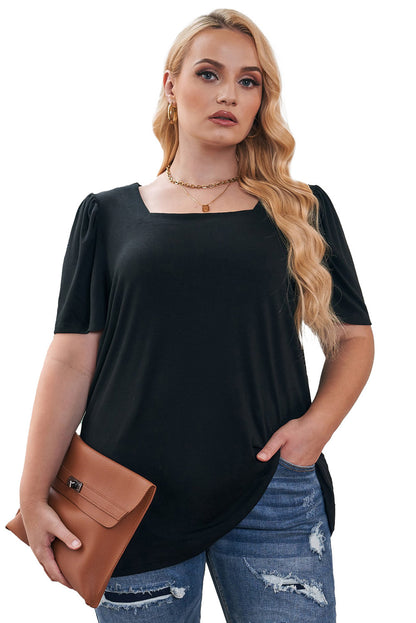 Schwarzes plus size quadratischer hals geraffte schulter kurzarm top