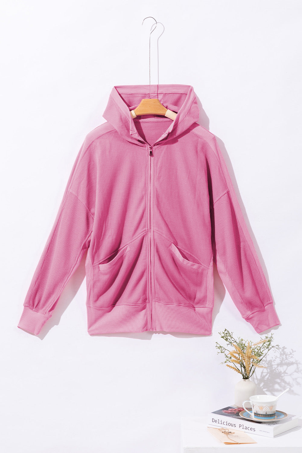 Rose thermal waffle knit jacke mit kapuze und reißverschluss