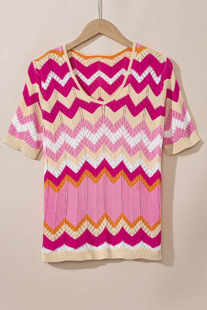 Rosa streifen chevron pointelle stricken v hals kurzarm pullover