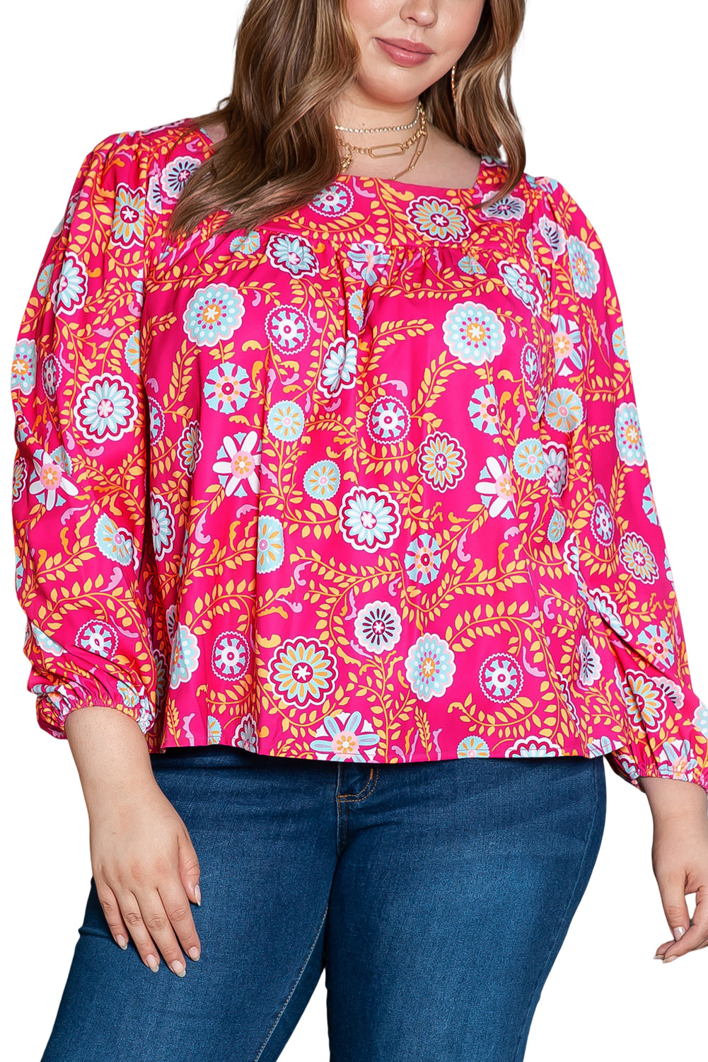 Rosa plus size bluse mit blumenmuster und quadratischem ausschnitt