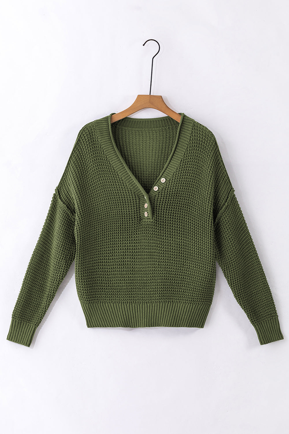 Pickle grüner pointelle strickpullover mit v-ausschnitt und tropfenschulter