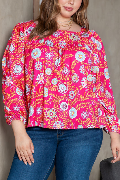 Rosa plus size bluse mit blumenmuster und quadratischem ausschnitt