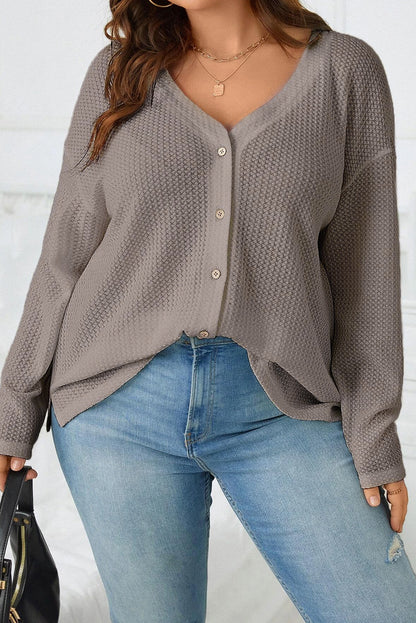 Simply taupe waffle knit drop shoulder knopf v-ausschnitt plus größe top