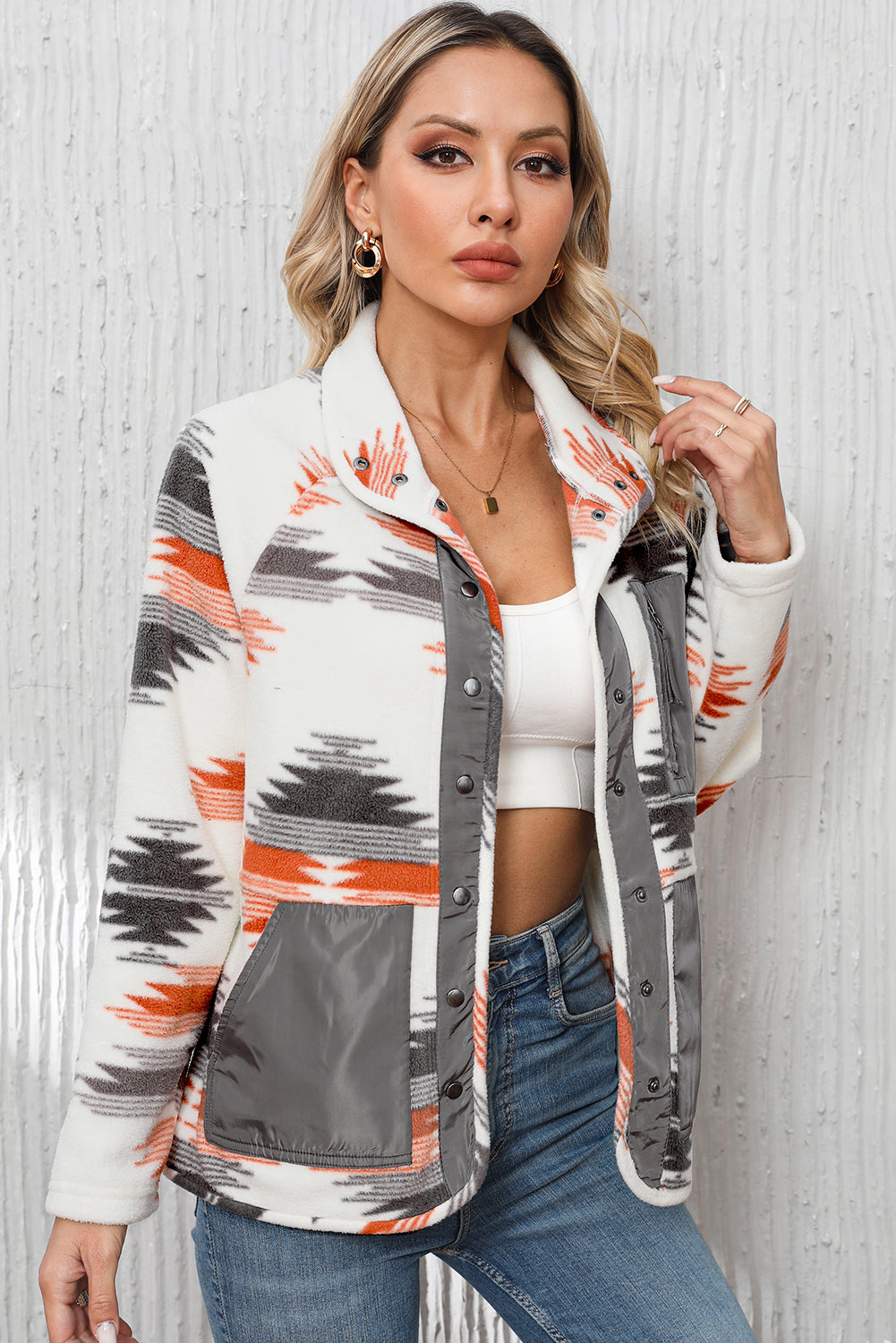 Multi -colored Aztec Fleece Patchwork Jacket met drukknoppen