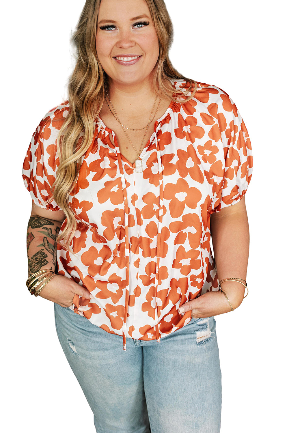 Orange plus größe floral print drawstring v hals kurzarm bluse